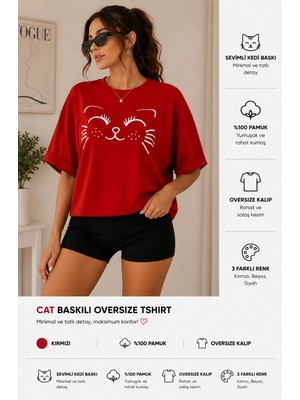Badiva Fashion Badiva Kadın Kedi Baskılı Oversize Tişört Salaş Kalıp Pamuklu Bisiklet Yaka T-Shirt