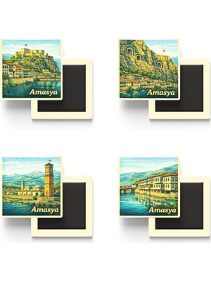 İberk Amasya - Baskılı Buzdolap Magneti Kare - 9x9 cm - 4 Adet