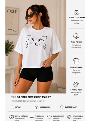 Badiva Fashion Badiva Kadın Kedi Baskılı Oversize Tişört Salaş Kalıp Pamuklu Bisiklet Yaka T-Shirt