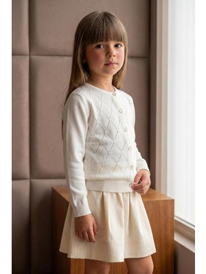 Trend Baby Kids Kız Çocuk Baklava Desenli Beyaz Triko Hırka 5-9 Yaş