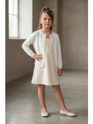 Trend Baby Kids Kız Çocuk Üçgen Tap Desenli Beyaz Triko Hırka 5-9 Yaş
