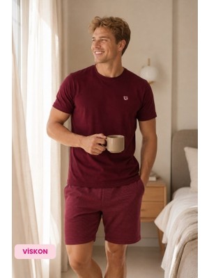 Guava Homewear Erkek Jakarlı Düğmesiz Bisiklet Yaka Yazlık Viskon Kısa Kollu Cepli Diz Üstü Şortlu Pijama Takımı