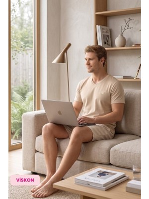 Guava Homewear Erkek Jakarlı Düğmesiz V Yaka Yazlık Viskon Kısa Kol Cepli Jakarlı Diz Üstü Şortlu Pijama Takımı