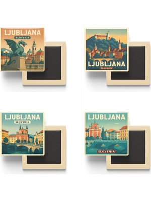 İberk Ljubljana Slovenya - 4 Adet - 9x9 cm Buzdolap Magneti