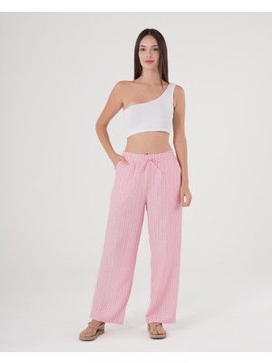 Trendseninle Pembe Çizgili Beli Ayarlanabilir Keten Pamuklu Pantolon