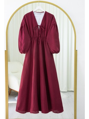 Moda Morfo Yakası Bağlamalı Kolu Ve Beli Lastikli Müslin Elbise -Bordo
