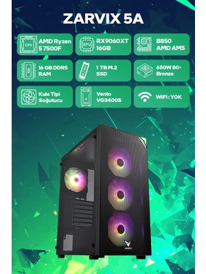 Game Garaj Zarvix 5A AMD Ryzen 5 7500F 16GB RAM 1TB SSD RX9060XT 16GB FreeDOS Oyuncu OEM Paket