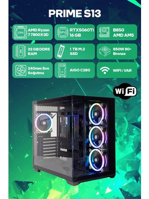 Game Garaj Prime S13 Amd Ryzen 7 7800X3D 32GB RAM 1TB SSD RTX5060Ti 240MM Sıvı Soğutma Freedos Oyuncu OEM Paket