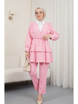 Moda Morfo Önü Fırfırlı Bağcıklı Eteği Katlı Pantolonlu Kimono Takım    -Pembe