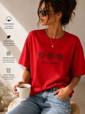 Badiva Fashion Kadın Oversize Papatya Baskılı Crop Tişört – Pamuklu Rahat Kalıp Basic Tshirt