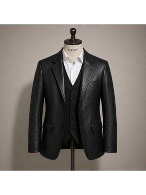 Moda Erkek Siyah Hakiki Kuzu Derisinden Düğmeli Cepli Düz Hakiki Deri Blazer Ceket