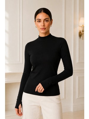 Yumuşak Dokulu Pamuk Dokuma Uzun Kol Dik Yaka Parmak Geçmeli Body Modal T-Shirt