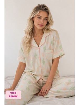 Seamlife Kadın Maskülen Gömlek Yaka Önden Düğmeli Dokuma %100 Pamuk Saten Göğüs Cepli Kısa Kollu Pijama Takımı