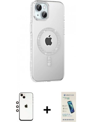 Marsilyan™- iPhone 14 Kılıf Yörünge Koleksiyonu - Şeffaf Pasifik Cam Ekran Koruyucu + Gökkuşağı Shine Kamera Lens