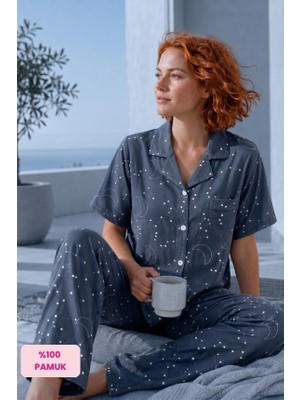 Seamlife Kadın Maskülen Gömlek Yaka Önden Düğmeli Dokuma %100 Pamuk Saten Göğüs Cepli Kısa Kollu Pijama Takımı