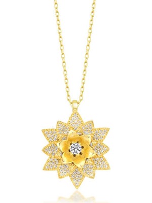 Yvz Store 925 Ayar Gümüş Gold Beyaz Taşlı Lotus Çiçeği Kadın Kolye