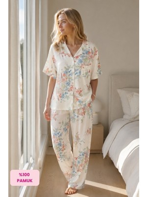 Seamlife Kadın Maskülen Gömlek Yaka Önden Düğmeli Dokuma %100 Pamuk Saten Göğüs Cepli Kısa Kollu Pijama Takımı