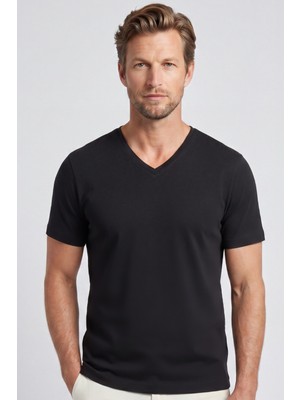 goffra Erkek Vision V Yaka Premium Kalite Yoğun Dokulu Pamuklu T-Shirt Siyah M102-R0220-08