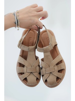 Modern Ayakkabı Bardo Kadın Hakiki Süet Deri Sandalet Camel