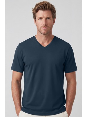 goffra Erkek Vision V Yaka Premium Kalite Yoğun Dokulu Pamuklu T-Shirt Lacivert M102-R0220-07