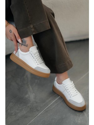 Nehir Ayakkabı Monar Kadın Bağcıklı Hakiki Deri Sneakers Beyaz