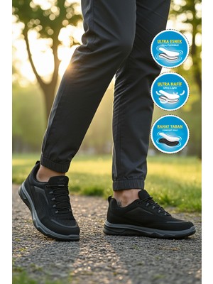 Walkway Elvara Siyah Fileli Hafif Esnek Hava Alabilen Erkek Spor Ayakkabı