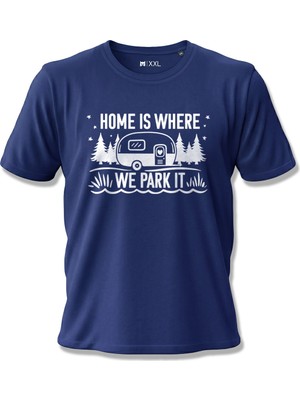 North Whiskers Home Is Where We Park It Karavan ve Kamp Temalı Baskılı %100 Pamuklu Unisex Lacivert Tişört
