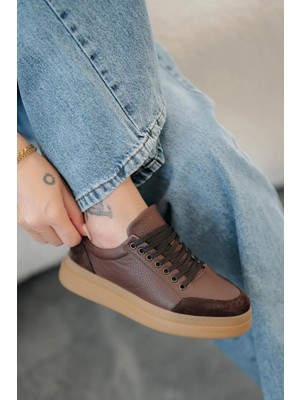 Nehir Ayakkabı Monar Kadın Bağcıklı Hakiki Deri Sneakers Kahverengi