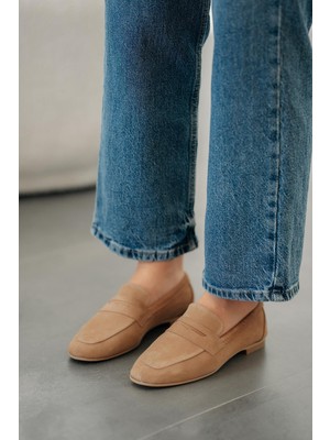 Akbir Gloria Kadın Hakiki Süet Deri Loafer Ayakkabı Camel