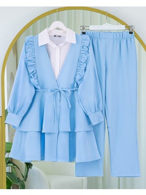 Moda Morfo Önü Fırfırlı Bağcıklı Eteği Katlı Pantolonlu Kimono Takım    -Bebe Mavi