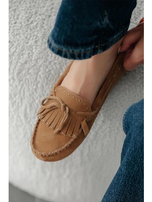 Artux Kadın Zımbalı Hakiki Süet Loafer Ayakkabı Taba