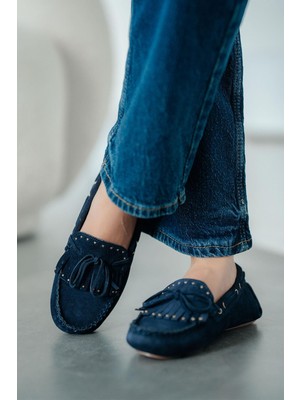 Artux Kadın Zımbalı Hakiki Süet Loafer Ayakkabı Lacivert
