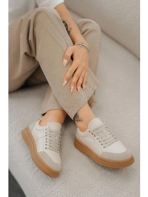 Nehir Ayakkabı Monar Kadın Bağcıklı Hakiki Deri Sneakers Bej