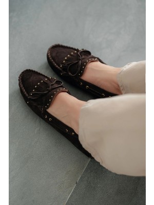 Artux Kadın Zımbalı Hakiki Süet Loafer Ayakkabı Kahve