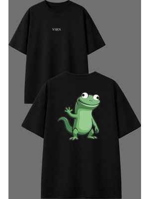 Vsrn El Sallayan Kertenkele Tasarım Ön Arka Baskılı Siyah Oversize T Shirt