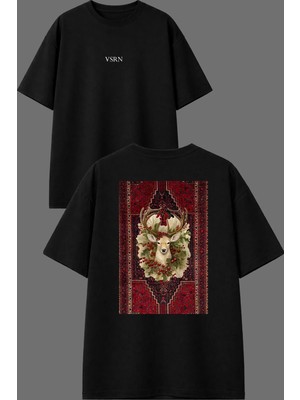 Vsrn Etnik Geyik Halı Tasarım Ön Arka Baskılı Siyah Oversize T Shirt