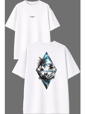 Vsrn Keyfine Düşkün Tasarım Ön Arka Baskılı Beyaz Oversize T Shirt