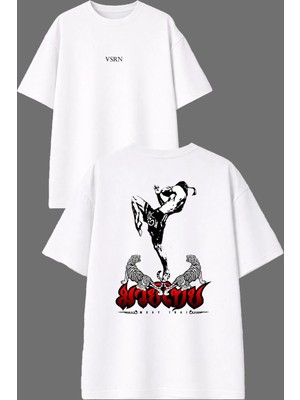 Vsrn Muay Kaplan Tasarım Ön Arka Baskılı Beyaz Oversize T Shirt