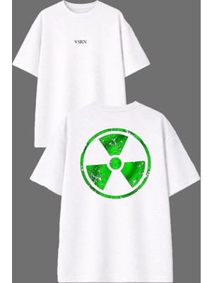 Vsrn Parçalı Yeşil Radyasyon Tasarım Ön Arka Baskılı Beyaz Oversize T Shirt