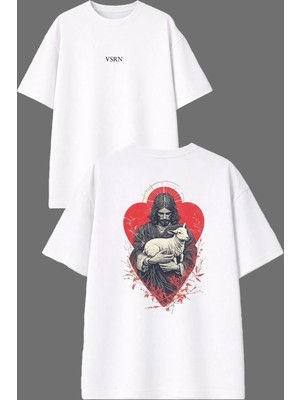 Vsrn Kırmızı Halka Koyun Tasarım Ön Arka Baskılı Beyaz Oversize T Shirt