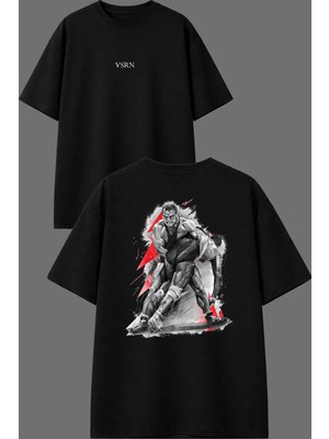 Vsrn Güreşçiler Tasarım Ön Arka Baskılı Siyah Oversize T Shirt
