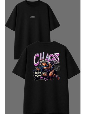 Vsrn Kaos Tasarım Ön Arka Baskılı Siyah Oversize T Shirt