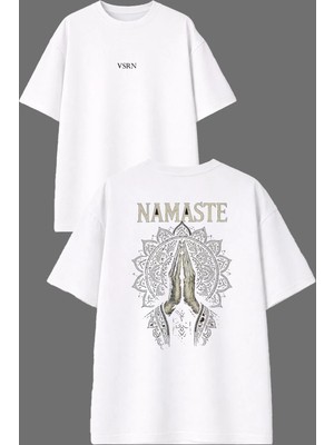 Vsrn Namaste Tasarım Ön Arka Baskılı Beyaz Oversize T Shirt