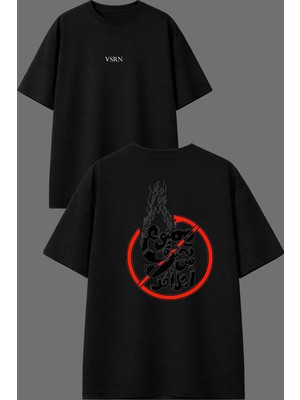 Vsrn Kırmızı Çember Tasarım Ön Arka Baskılı Siyah Oversize T Shirt