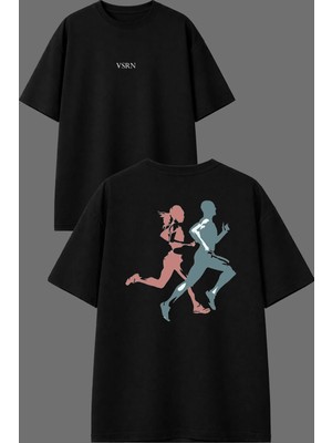 Vsrn Koşucu Çift Tasarım Ön Arka Baskılı Siyah Oversize T Shirt