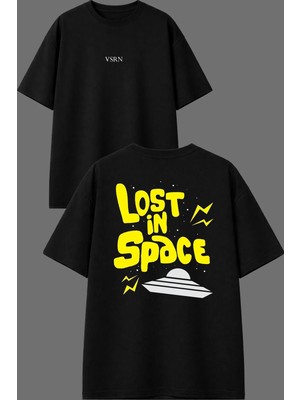 Vsrn Lost Space Tasarım Ön Arka Baskılı Siyah Oversize T Shirt