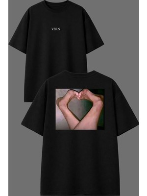 Vsrn Kalp Ayak Seven Tasarım Ön Arka Baskılı Siyah Oversize T Shirt