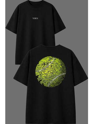 Vsrn Tennis Parmak Izi Tasarım Ön Arka Baskılı Siyah Oversize T Shirt