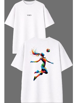 Vsrn Voleyball Smaç Tasarım Ön Arka Baskılı Beyaz Oversize T Shirt