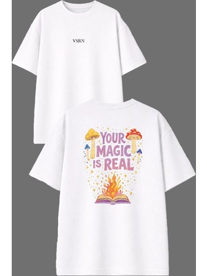 Vsrn Your Magic Tasarım Ön Arka Baskılı Beyaz Oversize T Shirt